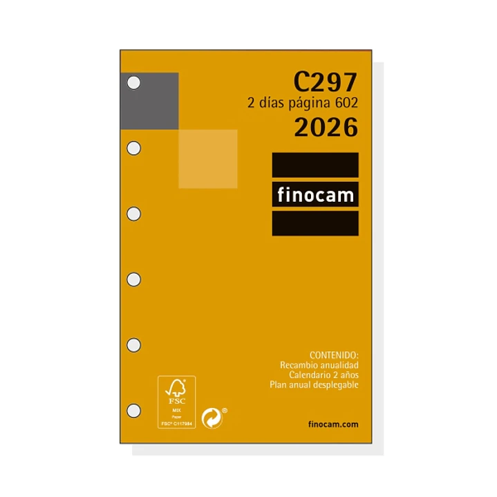Finocam C297 Recambio para Agendas Classic - Anual 2026 - Hojas Microperforadas - Formato 602 - 73x9x114mm - 2 Dias por Pagina - Color Blanco 1