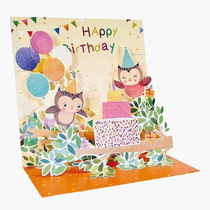 Pictura Tarjeta 3D Pop-Up - 16x16cm - Tematica Buhos - Embolsada Individualmente - Incluye Sobre Blanco - Papel con Certificacion FSC 1
