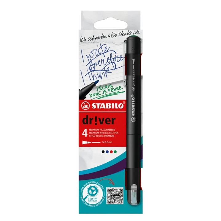 Stabilo Dr!ver Pack de 4 Rotuladores de Punta Media 0.8mm - Tinta a Prueba de Manchas, Inodora y con Base al Agua - Fabricado con 94% de Bioplastico - 1