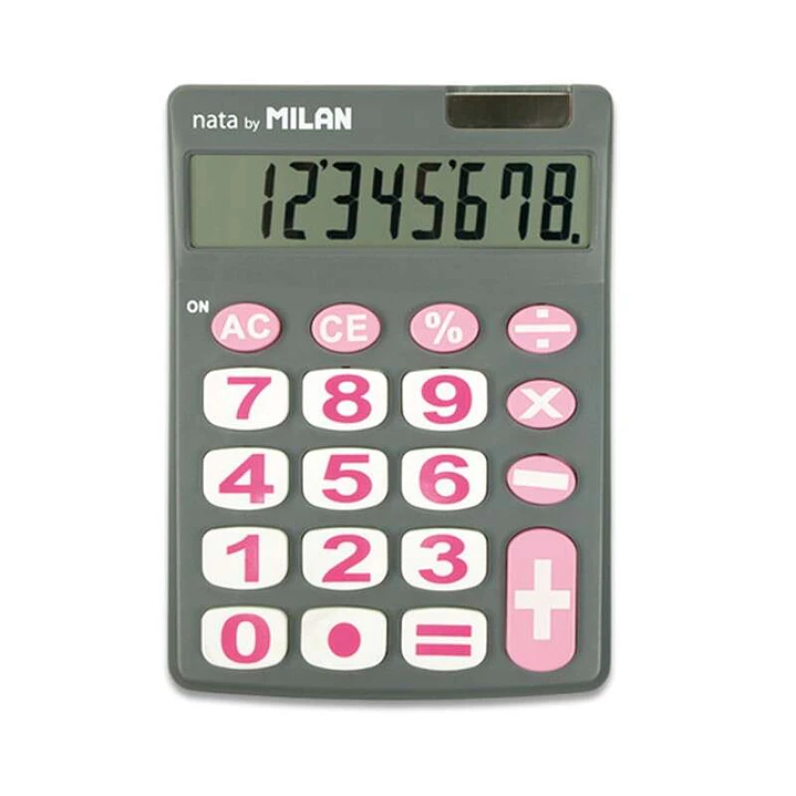 Milan Nata Calculadora de Sobremesa 8 Digitos - Teclas Grandes - Apagado Automatico - Color Gris y Rosa 1