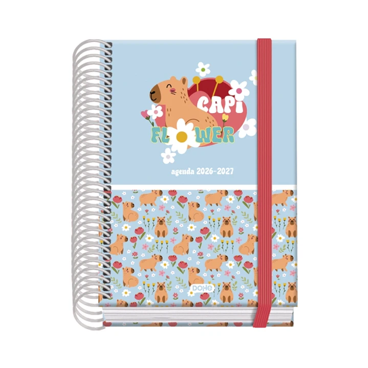 Dohe Prime Capi Flower Agenda Escolar 26/27 - Formato A6 - Dia Pagina - Papel Offset Ahuesado 70g - Cubierta de Carton Plastificado - Espiral - Goma - 1