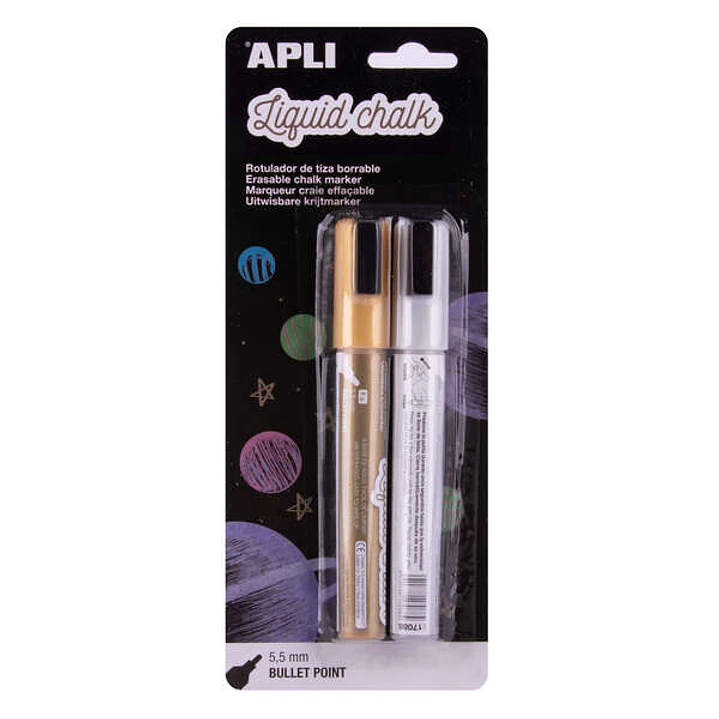 Apli Pack con 2 Rotuladores de Tiza Liquida - Punta Redonda de 5.5mm - Ideal para Pizarras, Plastico, Ventanas, etc... - Facil de Borrar - Secado Rapi 1