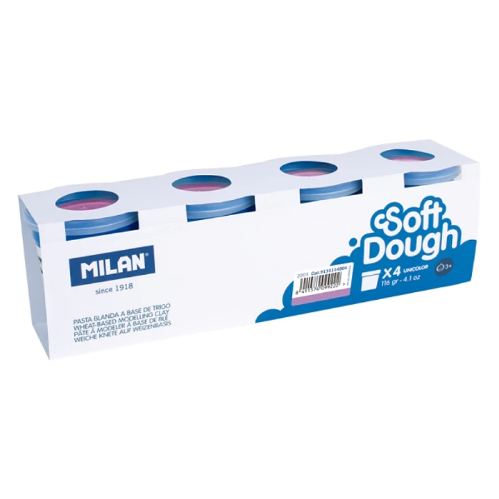 Milan Soft Dough Pack de 4 Botes de Pasta Blanda - 100% Vegetal - Moldeable - Sin Residuos - Colores Mezclables - 116g por Unidad - Color Violeta 1