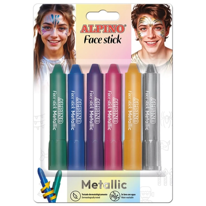 Alpino Fiesta Face Stick Metallic Pack con 6 Barritas de Pintura Facial - Sistema Retractil Giratorio - Se Lava con Agua - Testado Dermatologicamente  1