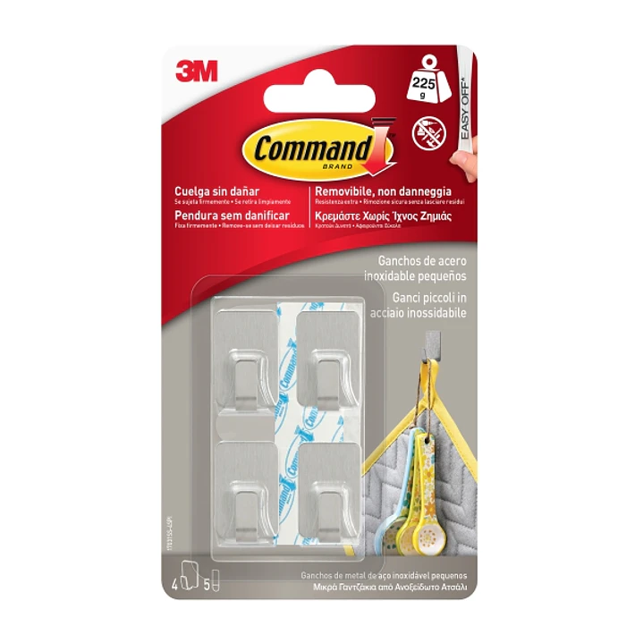 Command Pack de 4 Ganchos Compactos - Acero Inoxidable - 5 Tiras Adhesivas - Soporta hasta 225G - Talla S - Color Transparente 1
