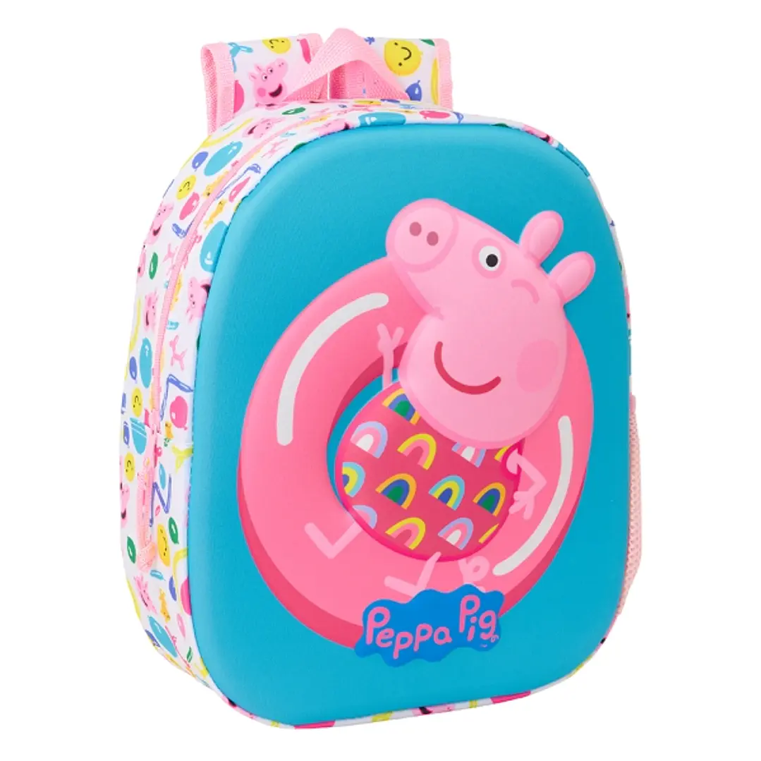 Safta Peppa Pig Mochila 3D - Asa de Mano - Portabotellas Lateral - 27x33x10cm - Color Azul/Rosa 1