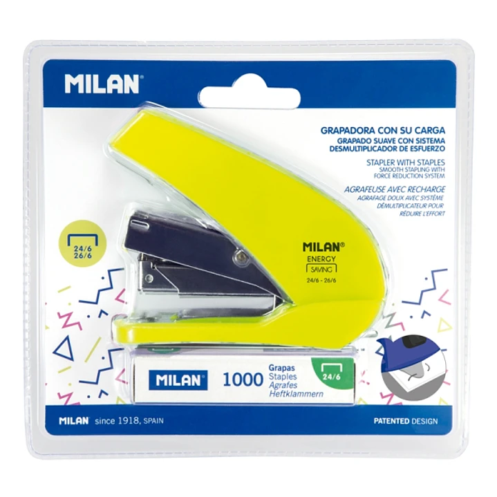 Milan Acid Energy Saving Grapadora Compacta - 1000 Grapas Incluidas - hasta 20 Hojas - Grapas 24/6 y 26/6 - Color Amarillo 1
