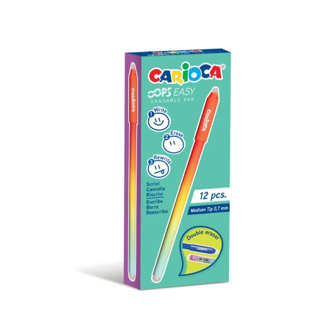 Carioca Oops Easy Boligrafo Borrable con Punta de Ø 0.7mm - Tinta Termo Sensible - Cuerpo con Efecto Degradado - Doble Goma - Color Rojo 1