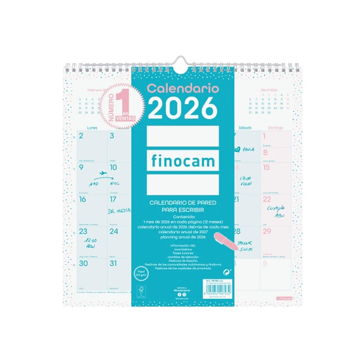 Finocam Chic Calendario de Pared - Anual 2026 - 300x5x310mm - Espacio para Escribir - Color Turquesa 1