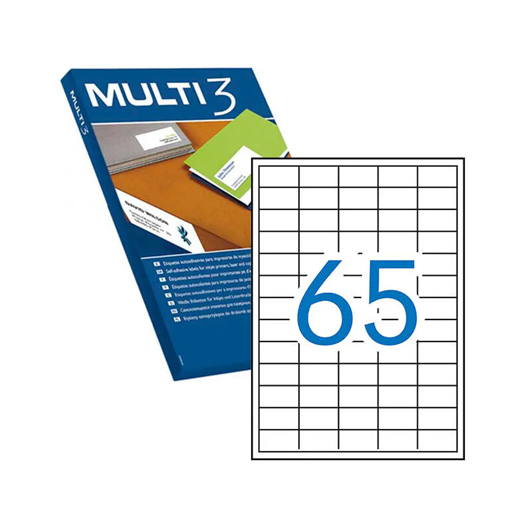 Multi3 Pack de 6.500 Etiquetas Blancas Cantos Rectos Tamaño 38.0X21.2mm con Adhesivo Permanente para Multiples Usos 1