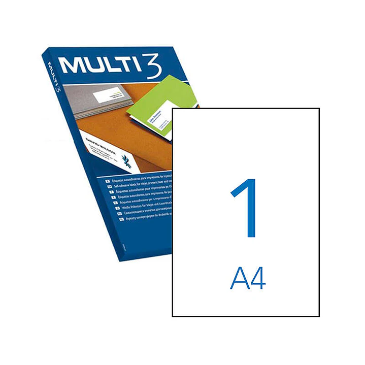 Multi3 Pack de 100 Etiquetas Blancas Cantos Rectos Tamaño 210.0X297.0mm con Adhesivo Permanente para Multiples Usos 1