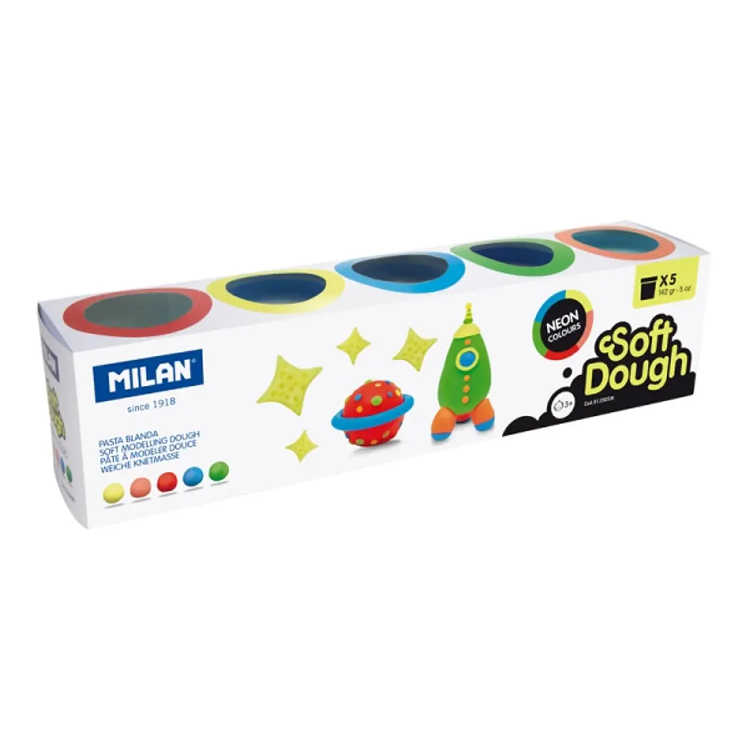 Milan Neon Soft Dough Pack de 5 Botes de Pasta Blanda - 100% Vegetal - Moldeable - Sin Residuos - Colores Mezclables - 142g por Unidad - Colores Surti 1