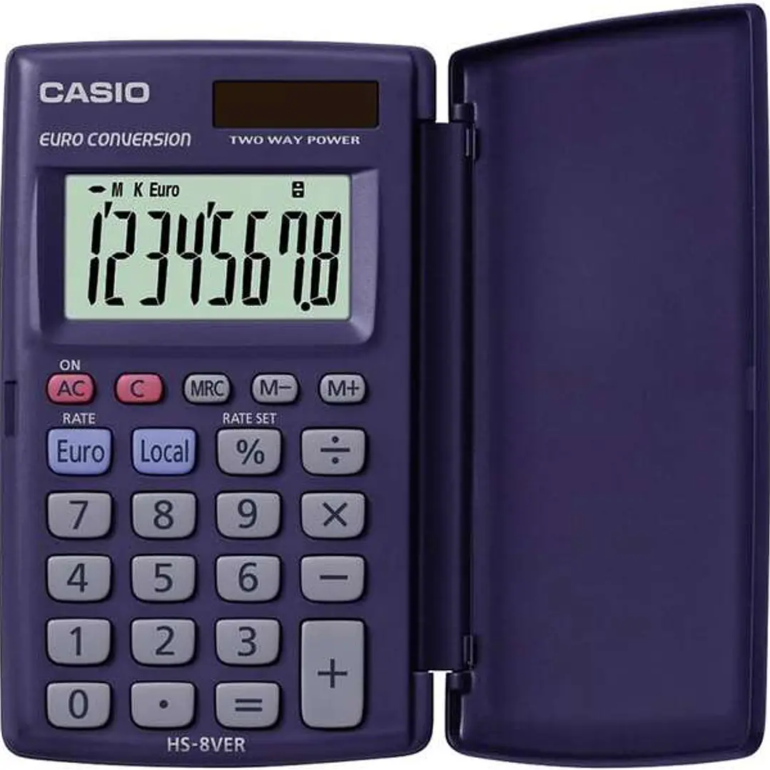 Casio HS-8VERA Calculadora de Bolsillo con Tapa - Pantalla LC Extragrande de 8 Digitos - Funcion Conversor de Euros - Color Azul Oscuro 1