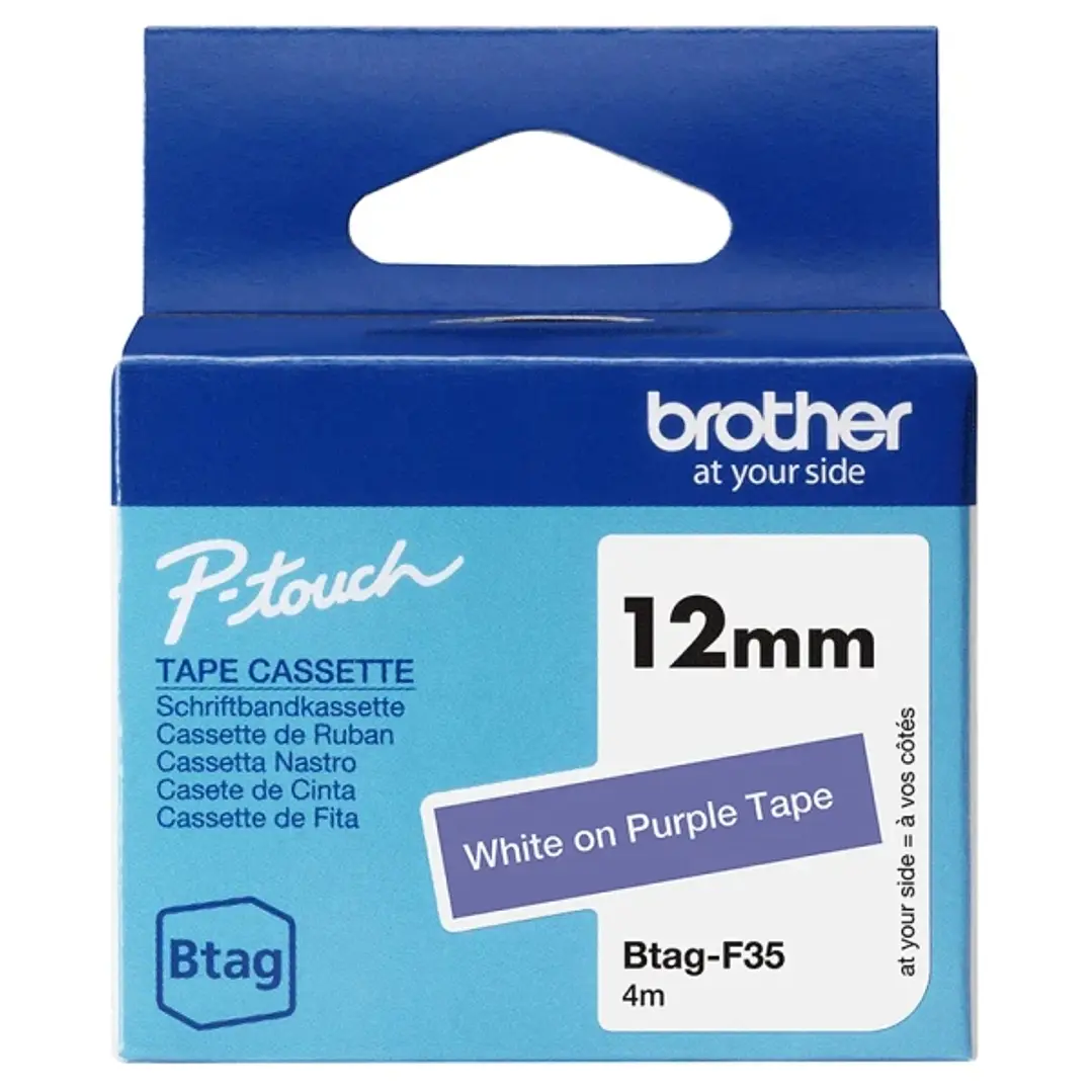 Brother Btag-F35 Cinta 12mm - Texto Blanco sobre Fondo Morado - Medidas 12mmx4 Metros - Apta para PTN10, PTN20, PTN25BT 1