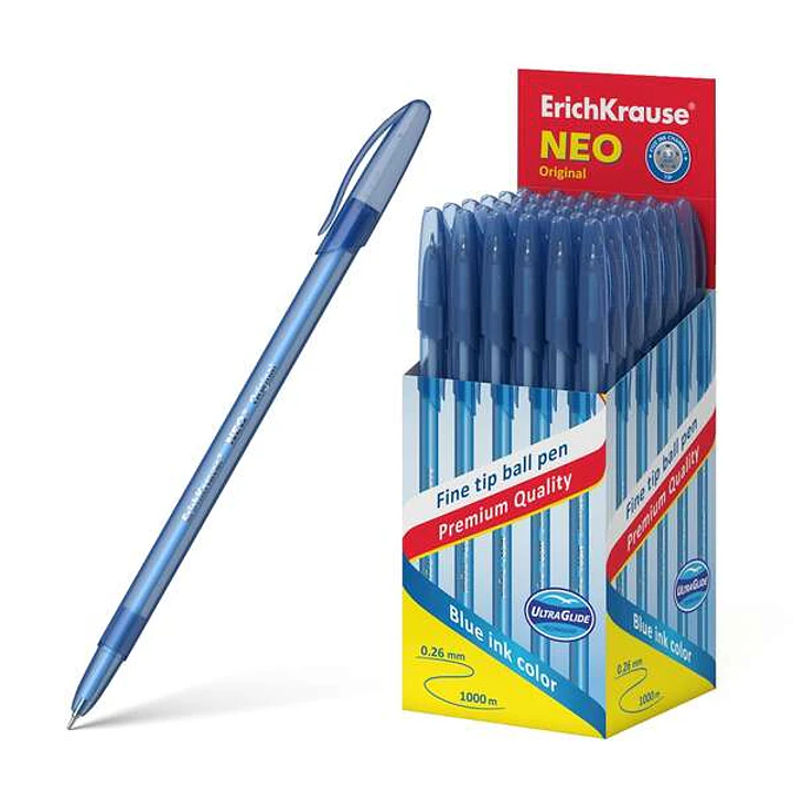 Erichkrause Boligrafo Neo Original - Punta de Aguja Sofisticada Fine Tip - Cuerpo Redondo Translucido Mate - Tinta Color Azul 1