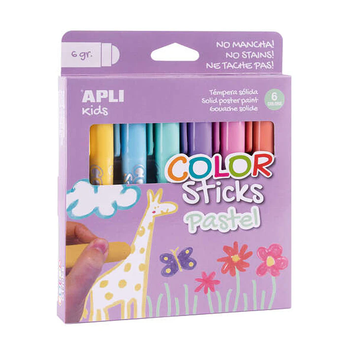 Apli Color Sticks Pack con 6 Temperas Solidas de 6g en Colores Pastel - Acabado Satinado - Secado Rapido - Efecto Cera o Tempera Segun la Presion Ejer 1