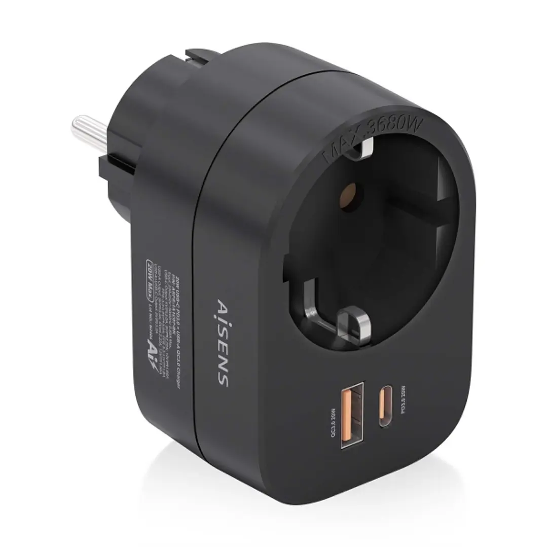 Aisens Regleta de Pared Multifuncion con 1 Toma + 1xUSB-C 20W PD3.0 - 1xUSB-A 20W QC3.0 - Color Negro 1