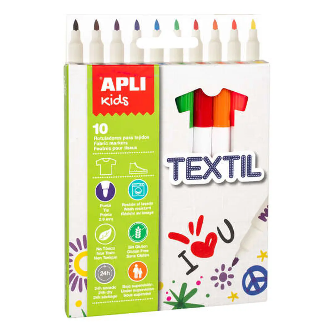 Apli Kids Pack de 10 Rotuladores para Textil - Punta Redonda Bloqueada Ø 2.9mm - Capuchon Anti Asfixia - No Toxicos - Larga Duracion - Ideal para todo 1