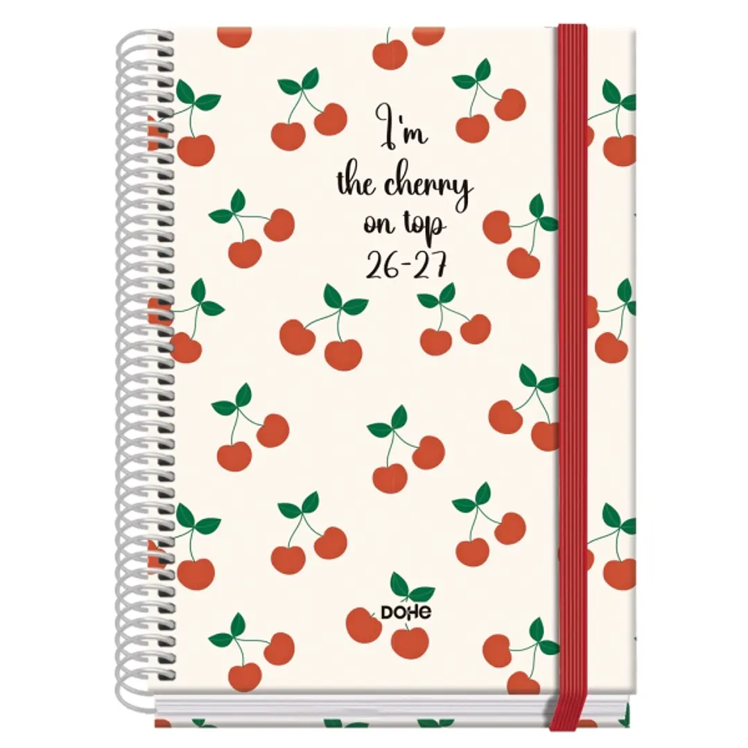 Dohe Prime Cerezas Agenda Escolar 26/27 - Formato A5 - Dia Pagina - Papel Offset Ahuesado 70g - Cubierta de Carton Plastificado - Espiral - Goma - 15x 1