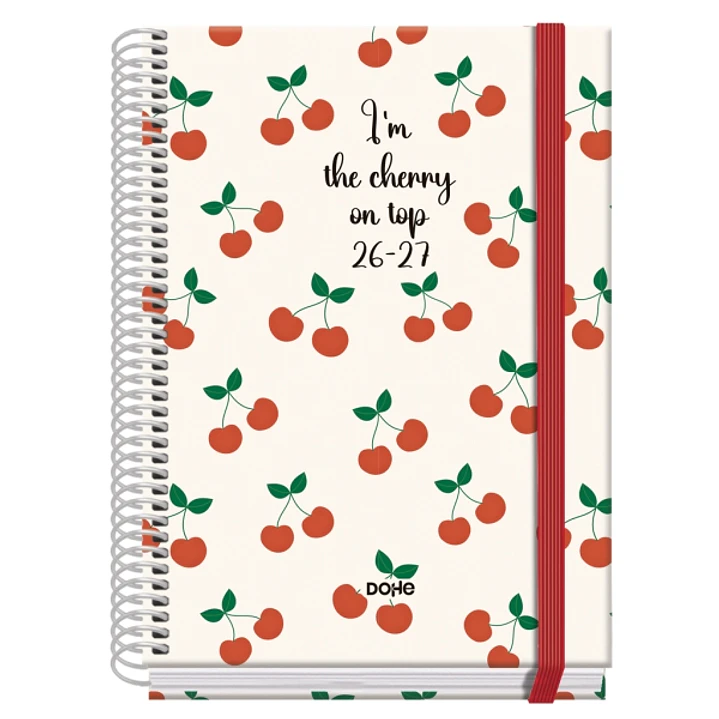 Dohe Prime Cerezas Agenda Escolar 26/27 - Formato A5 - Dia Pagina - Papel Offset Ahuesado 70g - Cubierta de Carton Plastificado - Espiral - Goma - 15x 1