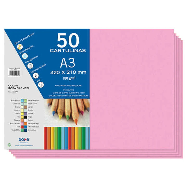 Dohe Cartulinas A3 - 50 Hojas - Gramaje de 180g - Ideal para Manualidades - Color Rosa 1