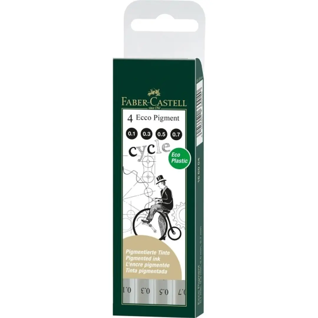 Faber-Castell Ecco Pigment Pack de 4 Rotuladores Calibrados 0.1, 0.3, 0.5, 0.7mm - Punta Engastada en Metal - Tinta Pigmentada Resistente al Agua y a  1