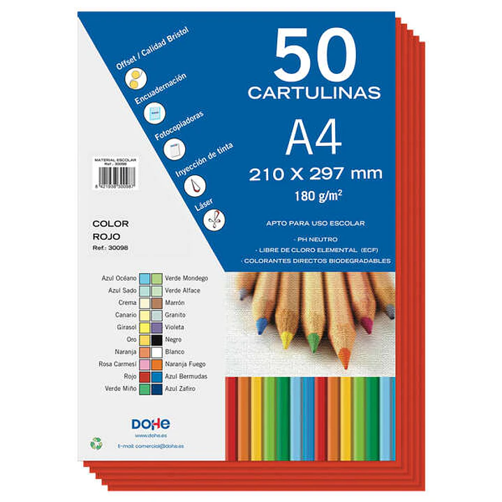 Dohe Pack de 50 Cartulinas A4 de 180gr - Con PH Neutro - Libres de Cloro Elemental - Color Rojo 1