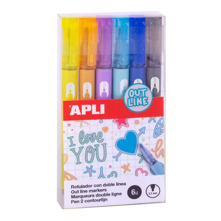 Apli Rotuladores Doble Linea - 5.5mm - Base de Alcohol - Pack 6 Colores - Escritura Interior Plata con Contorno de Color - Ideal para Decoracion - 4g  1