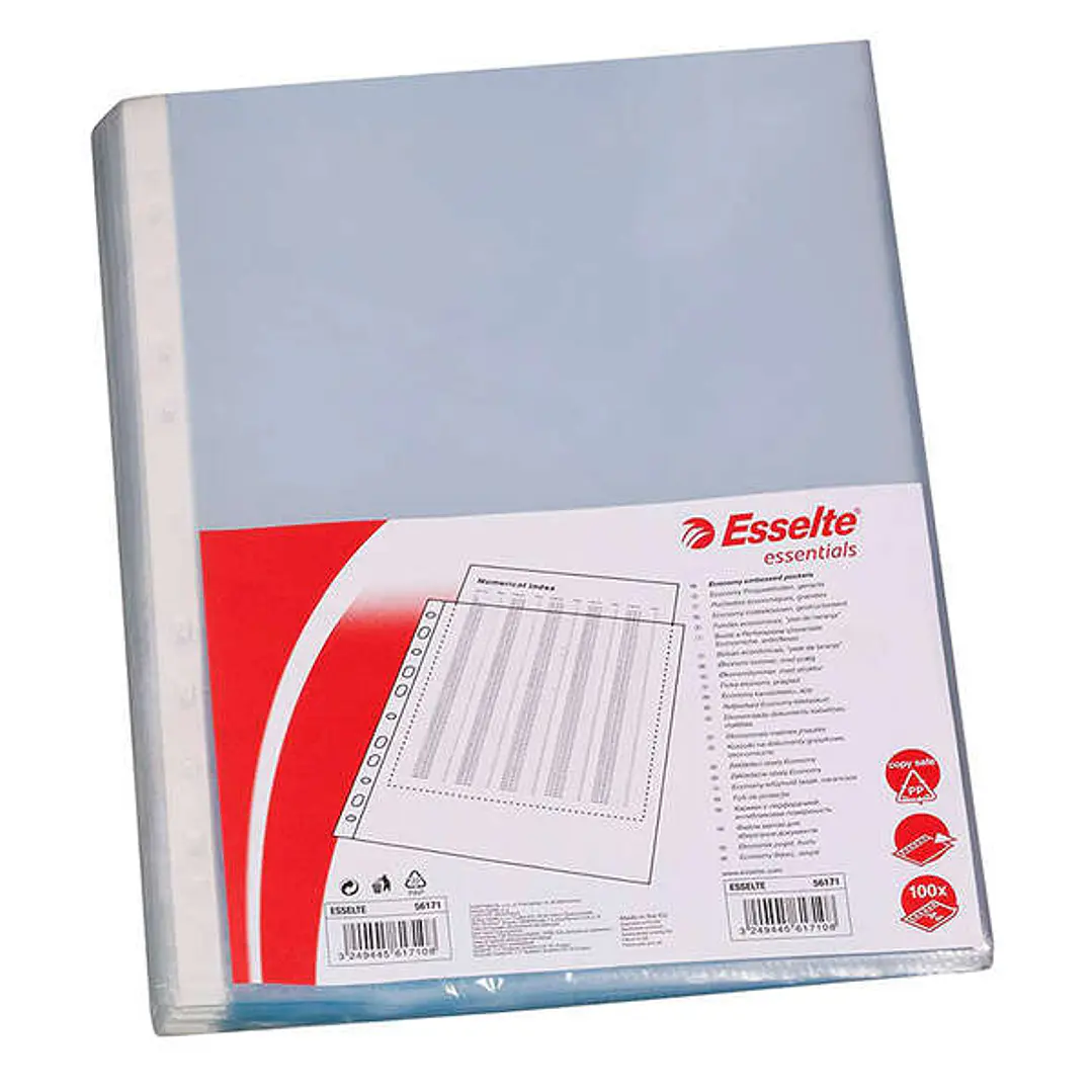 Esselte Pack de 100 Fundas Multitaladro Portadocumentos - Formato Folio - 16 Taladros - 80 Micras - Piel de Naranja - Color Transparente 1