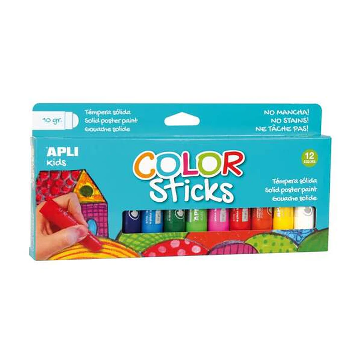 Apli Color Sticks Pack con 12 Temperas Solidas de 10g - Acabado Satinado sin Necesidad de Barniz - Secado Rapido en Menos de 3 Minutos - Efecto Cera o 1
