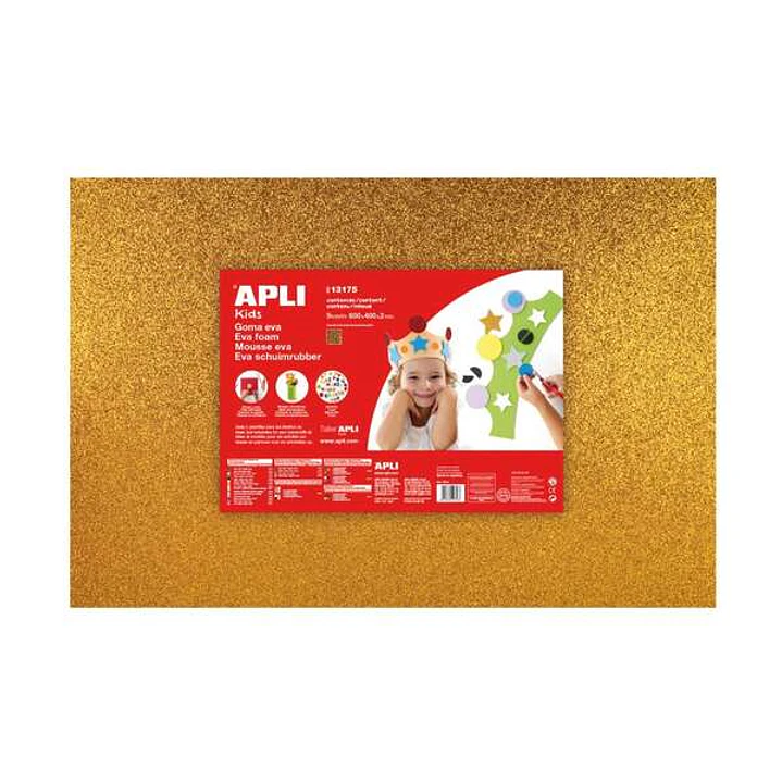 Apli Pack de 3 Goma Eva Purpurina Oro 600 x 400 mm - Grosor 2 mm - Impermeable - Moldeable al Calor - Color Oro 1