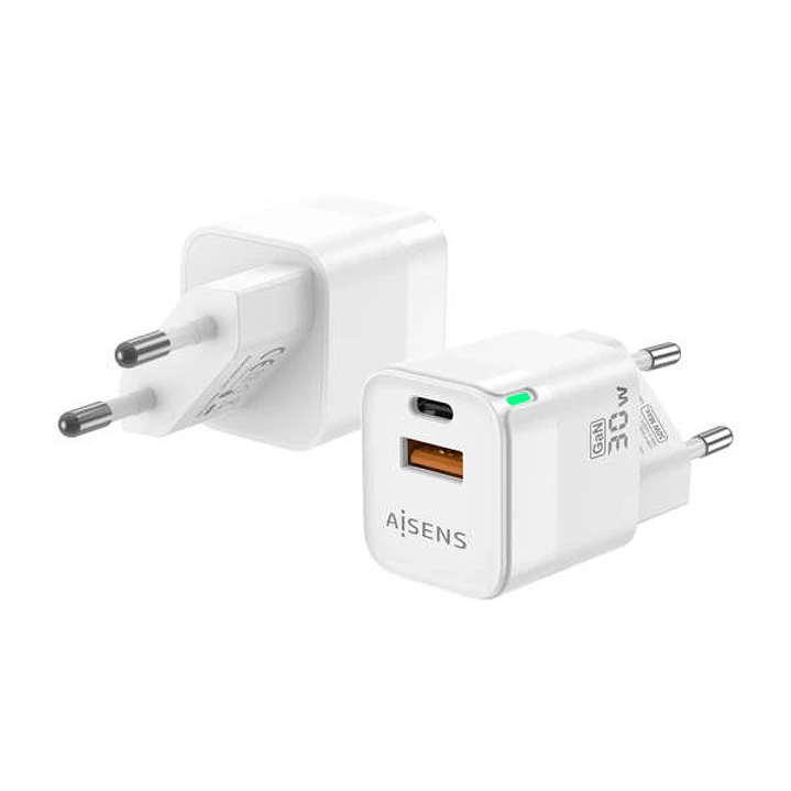 Aisens Cargador GAN 30W - 1xUSB-C PD3.0 QC4.0 - 1xUSB-A QC3.0 -Color Blanco 1