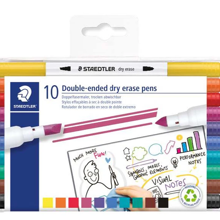 Staedtler Lumocolor 3010 Pack de 10 Marcadores para Pizarra Blanca - Doble Punta Biselada y Conica - Tinta Base de Agua - Colores Surtidos 1
