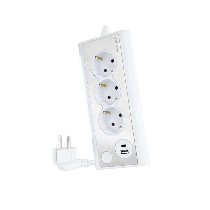 Nanocable Regleta de Sobremesa con 3x Shuckos, 1x USB-C y 1x USB-A - Iluminacion LED con Interruptor - Cable de 1.50m 1