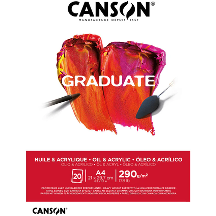 Canson Graduate Oleo & Acrilico Bloc Encolado de 20 Hojas A4 - 290g - Grano Fino - Color Blanco 1