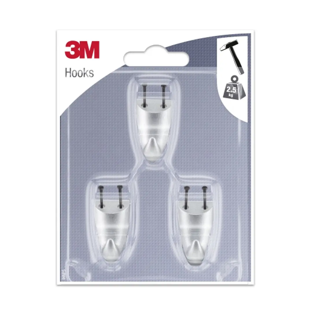 3M Pack de 3 Ganchos para Clavar - Formato S - Soporta hasta 2.5kg - Color Gris Metalizado 1