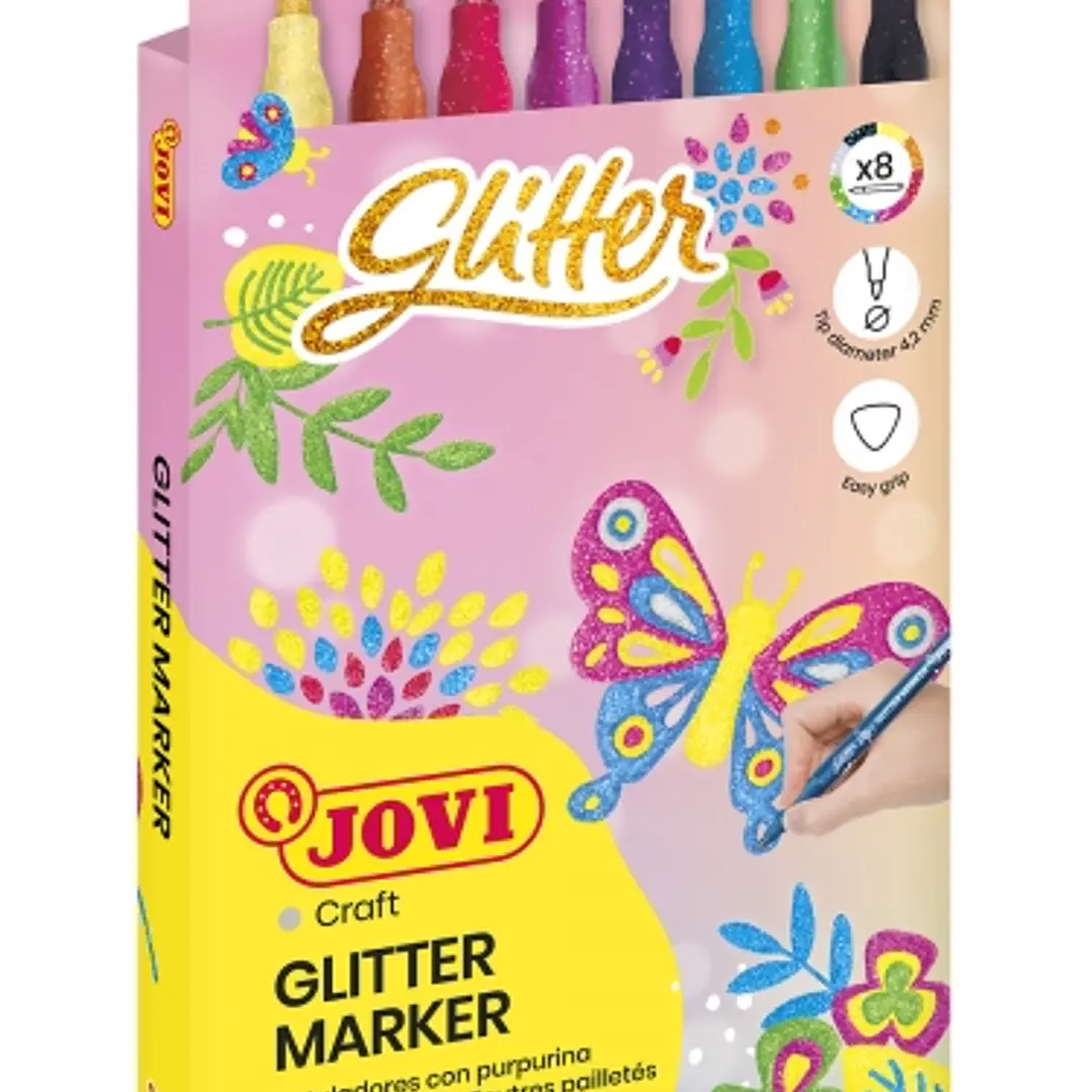 Jovi Glitter Marker Caja con 8 Rotuladores Efecto Purpurina - Tinta Base Agua - Grip Triangular Ergonomico - Punta Resistente - Tapon de Seguridad - T 1
