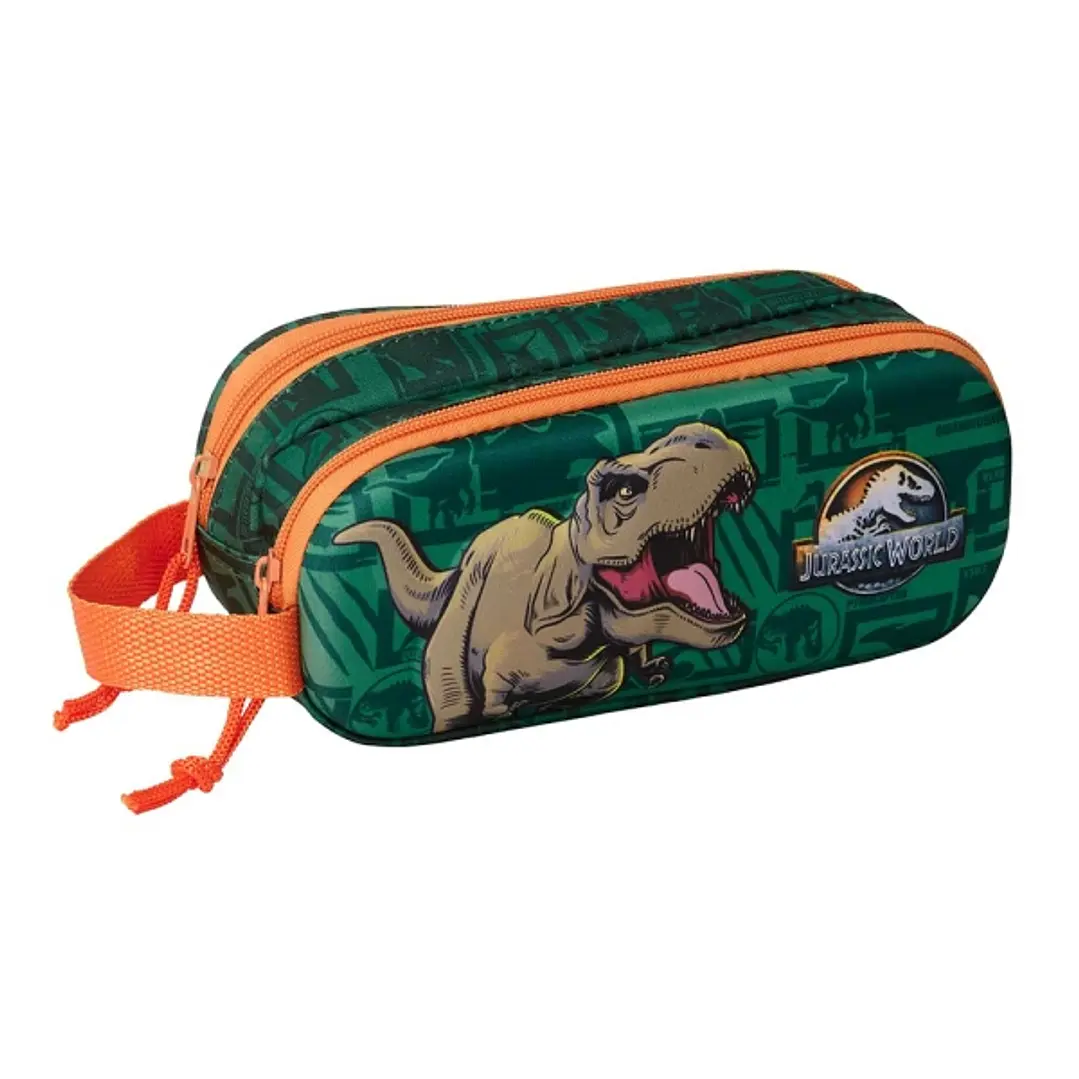 Safta Jurassic World Estuche Portatodo 3D de 1L - 2 Compartimentos - Cierre de Cremallera - Asa de Mano - 21x8x6cm - Color Verde Oscuro 1