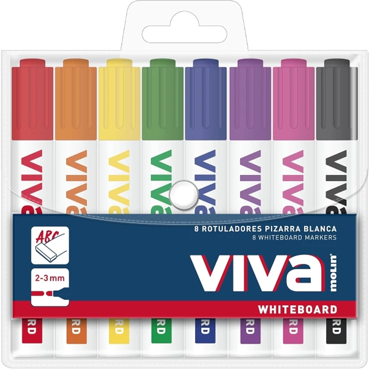 Molin Viva Pack de 8 Rotuladores para Pizarra Blanca - Punta Redonda de Fibra Sintetica - Trazo 3mm - Tinta con Base de Alcohol - Colores Surtidos 1