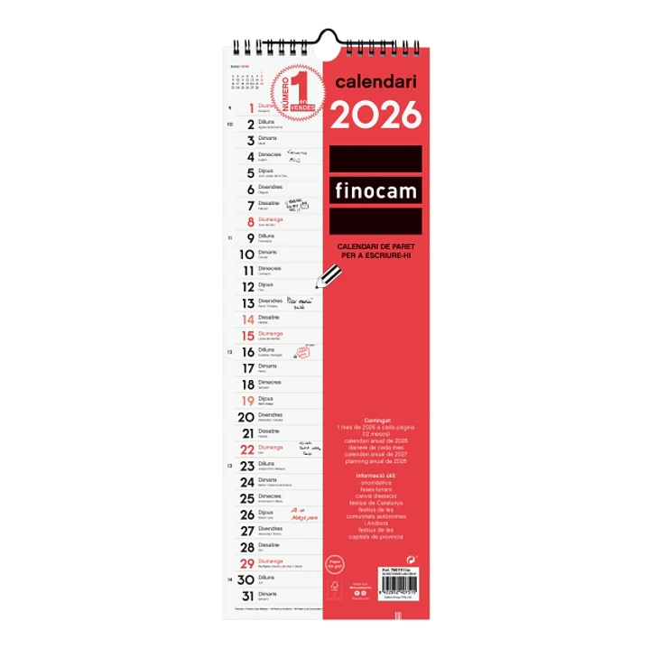 Finocam Calendario de Pared en Catalan - Anual 2026 - 155x5x440mm - Espacio para Escribir - Color Blanco y Rojo 1