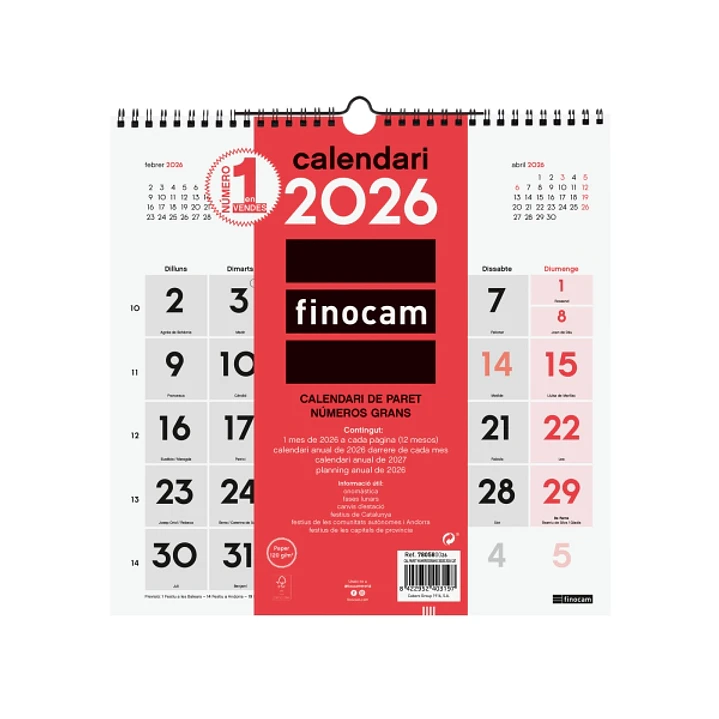 Finocam Calendario de Pared en Catalan - Anual 2026 - 300x5x310mm - Numeros Grandes - Color Blanco y Rojo 1