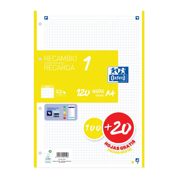 Oxford School Recambio A4 120 Hojas Cuadricula 5x5mm - 4 Taladros - Banda de Color Amarillo 1
