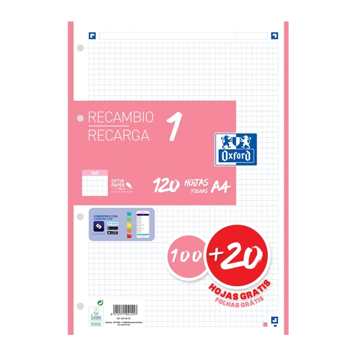 Oxford School Recambio A4 120 Hojas Cuadricula 5x5mm - 4 Taladros - Banda de Color Rosa 1