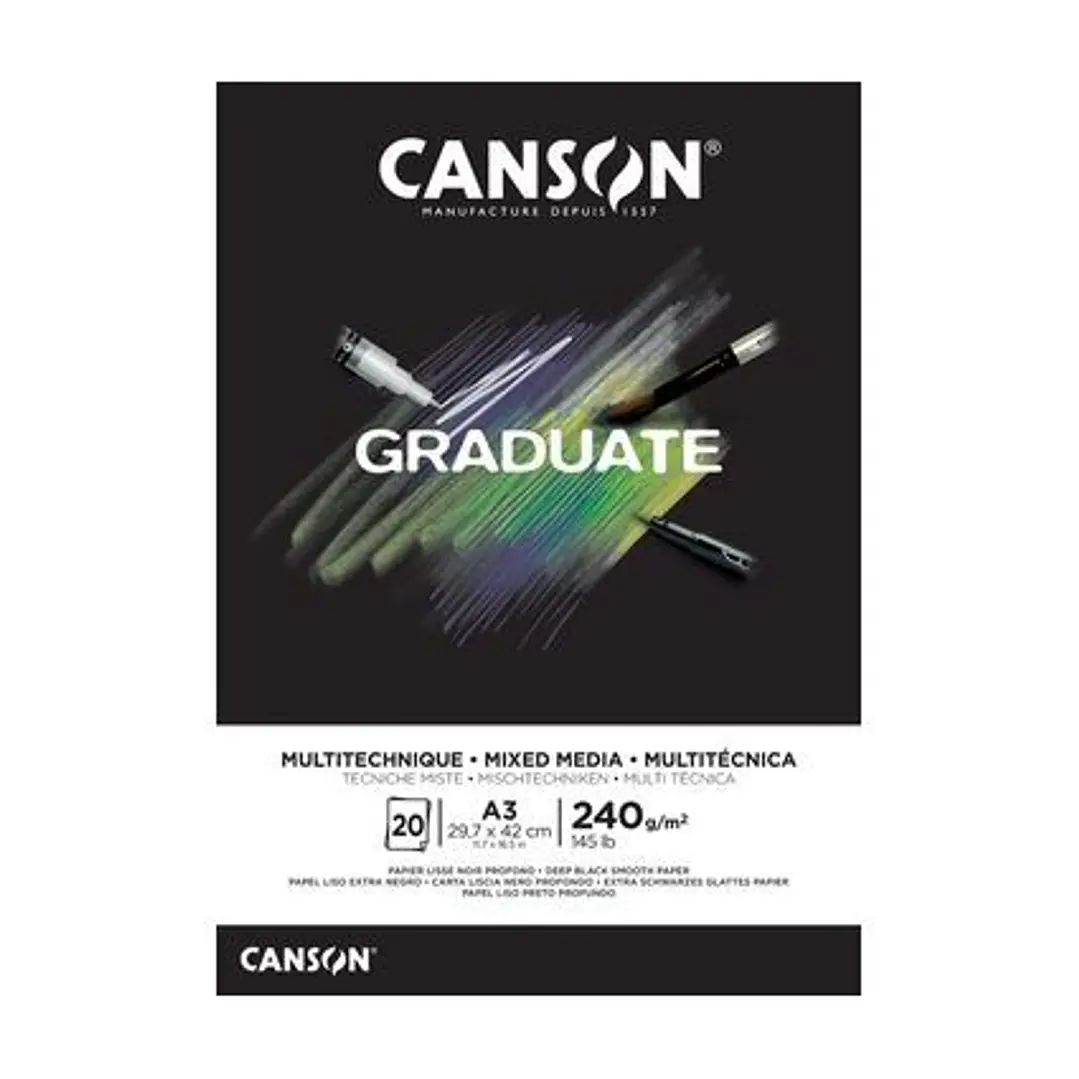 Canson Graduate Mix Media Bloc Encolado de 20 Hojas A5 - 240g - Grano Fino - Color Negro 1
