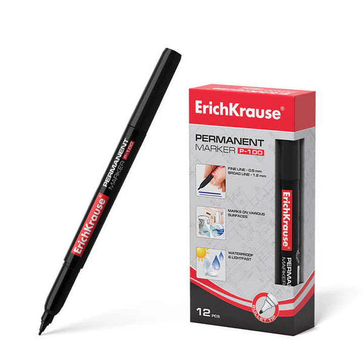 Erichkrause P-100 Marcador Permanente - Punta Fina - Trazo de 0.5 a 1.2mm - Resistente al Agua y a los Rayos UV - Color Negro 1