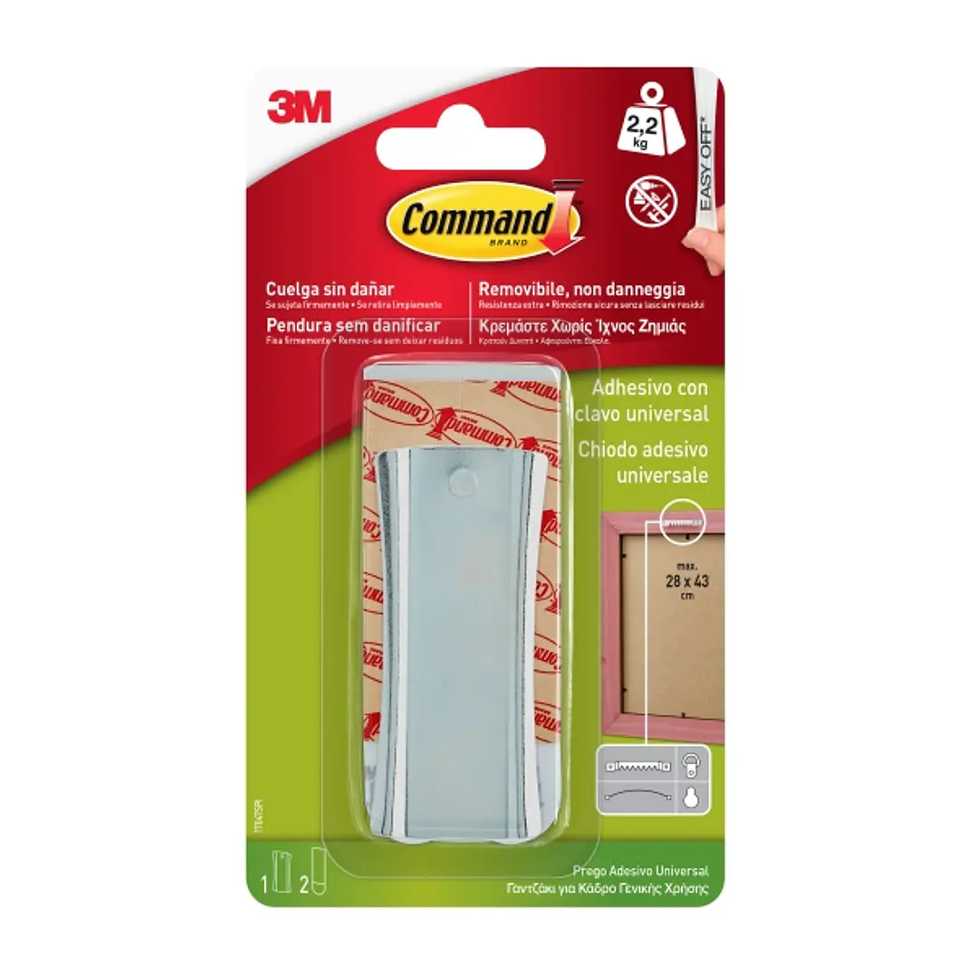 Command Universal Soporte Adhesivo con Clavo para Colgar - 2 Tiras Adhesivas - Universal - Soporta hasta 2.2kg - Color Plata 1