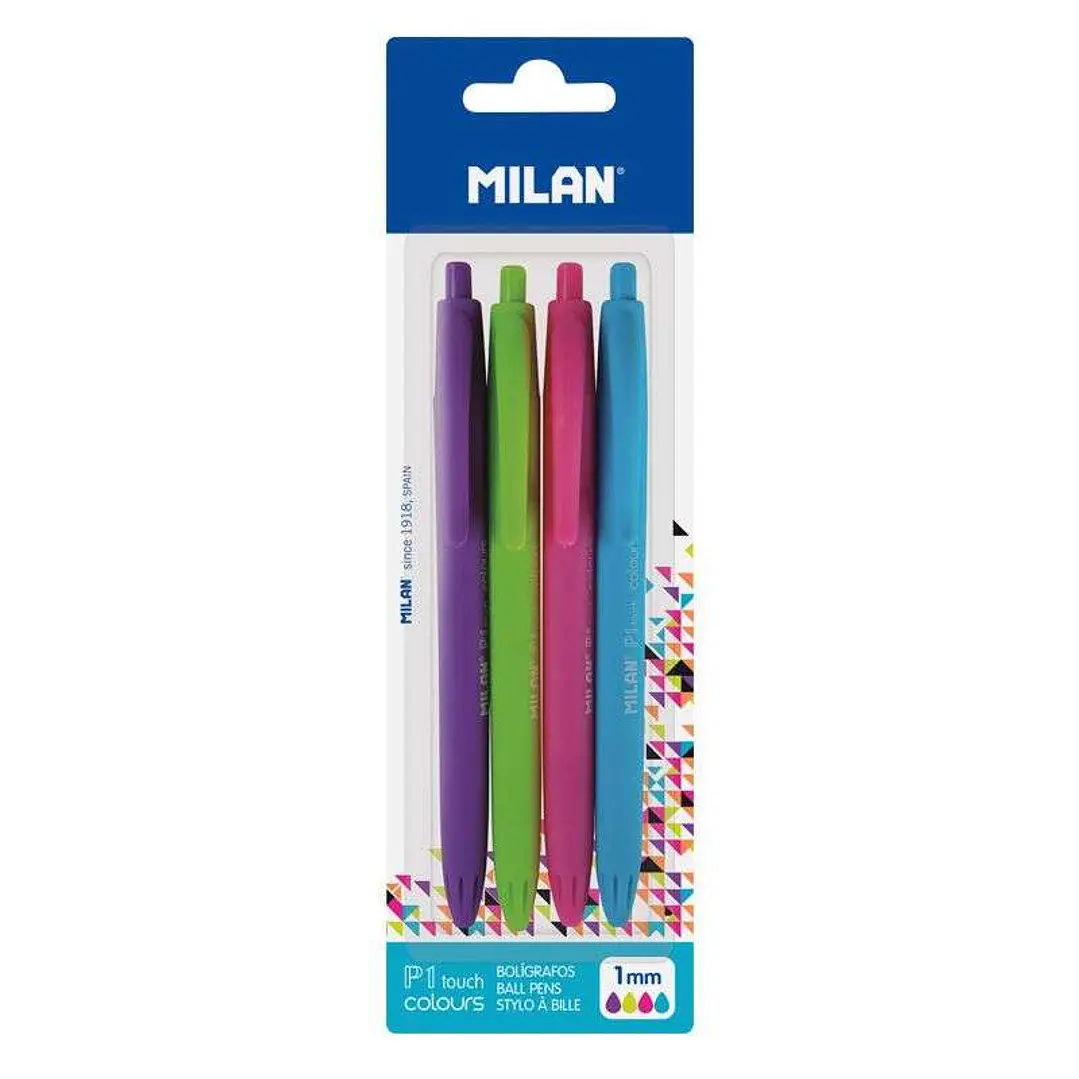 Milan P1 Touch Colours Pack de 4 Boligrafos de Bola Retractiles - Punta Redonda 1mm - Tinta con Base de Aceite - Escritura Suave - 1.200m de Escritura 1