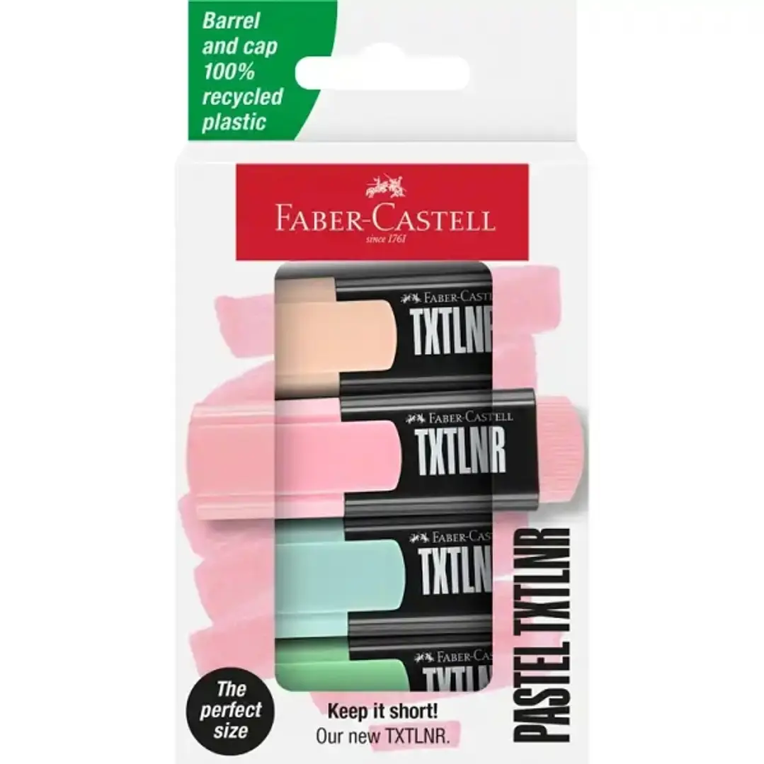 Faber-Castell TXTLNR Pack de 4 Marcadores Fluorescentes - Punta Biselada - Trazo entre 1, 2 y 5 mm - Tinta con Base de Agua - Colores Pastel Surtidos 1