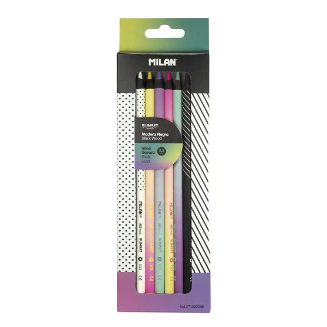 Milan Sunset Pack de 6 Lapices de Colores - Madera Negra - Mina Gruesa - Redondos - Colores Surtidos 1