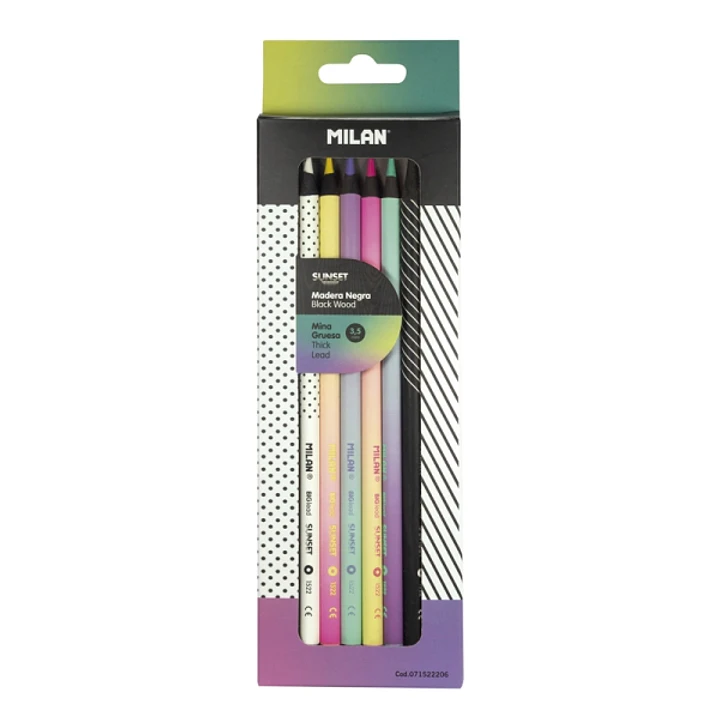 Milan Sunset Pack de 6 Lapices de Colores - Madera Negra - Mina Gruesa - Redondos - Colores Surtidos 1